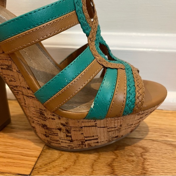 BCBGeneration Sanford Teal & Cognac Cork Platform Open Toe Sandals Size 6.5B - Picture 3 of 16